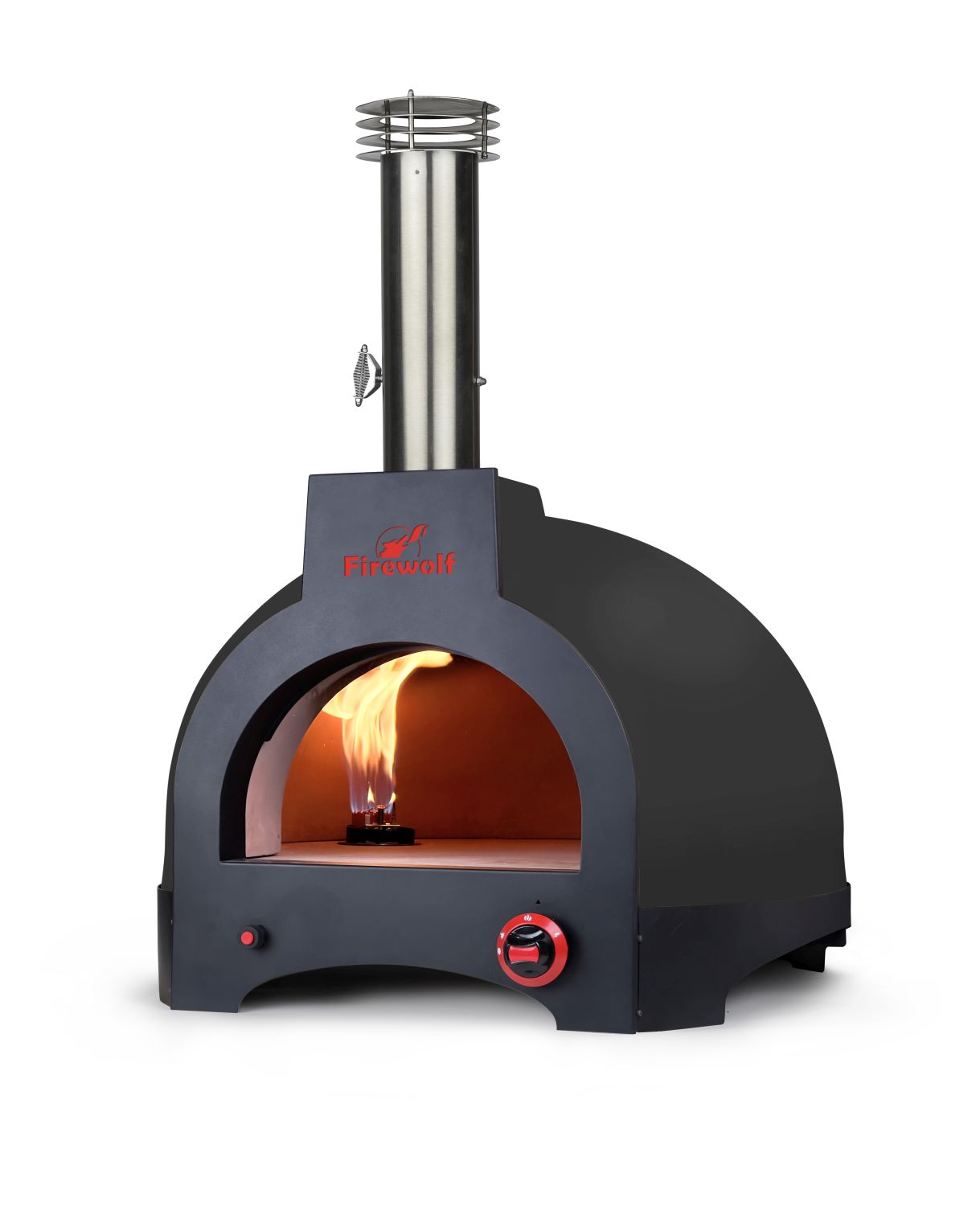 Steinbackofen | Pizzaofen Firewolf Carlo Farbe Samtschwarz, Hybrid Twix-System für Gas und Holz der multifunktionale Backofen zur Befeuerung mit Gas oder Holz