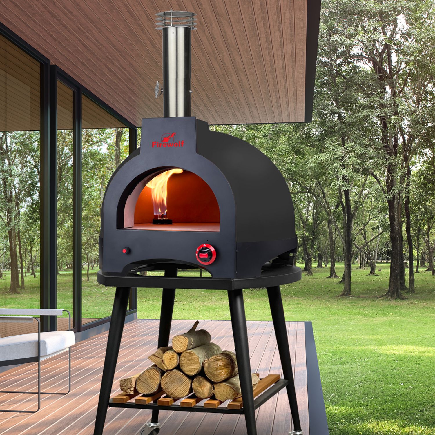 Steinbackofen | Pizzaofen Firewolf Carlo Farbe Samtschwarz, Hybrid Twix-System für Gas und Holz der multifunktionale Backofen zur Befeuerung mit Gas oder Holz