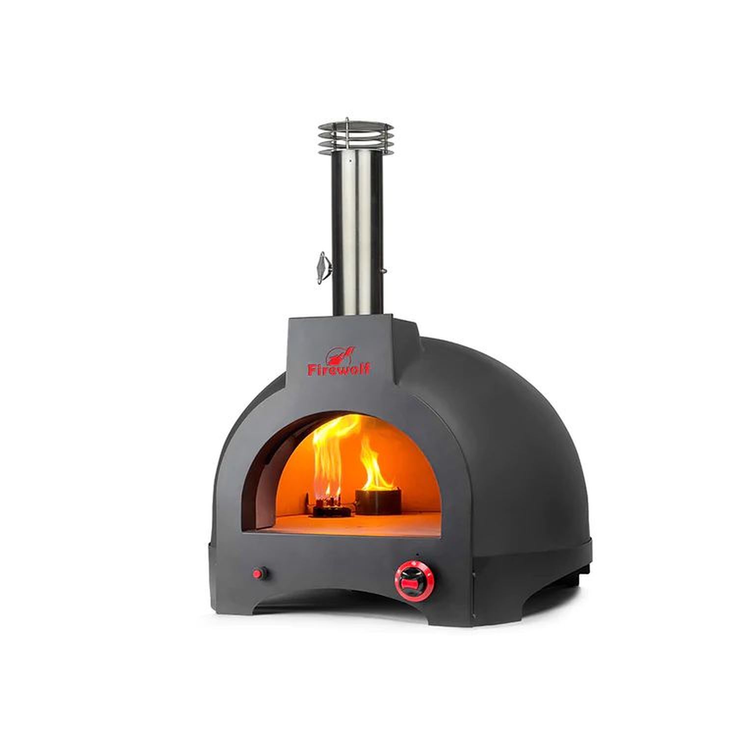 Steinbackofen | Pizzaofen Firewolf Carlo Farbe Samtschwarz, Hybrid Twix-System für Gas und Holz der multifunktionale Backofen zur Befeuerung mit Gas oder Holz