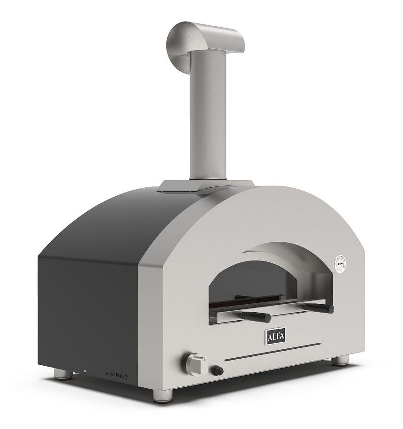 Gas-Pizzaofen ALFA FORNI FUTURO 2 Pizza, Kuppelfarbe Silver Black kombiniert mit Edelstahl-Front, ein Design-Element für jede Aussenküche