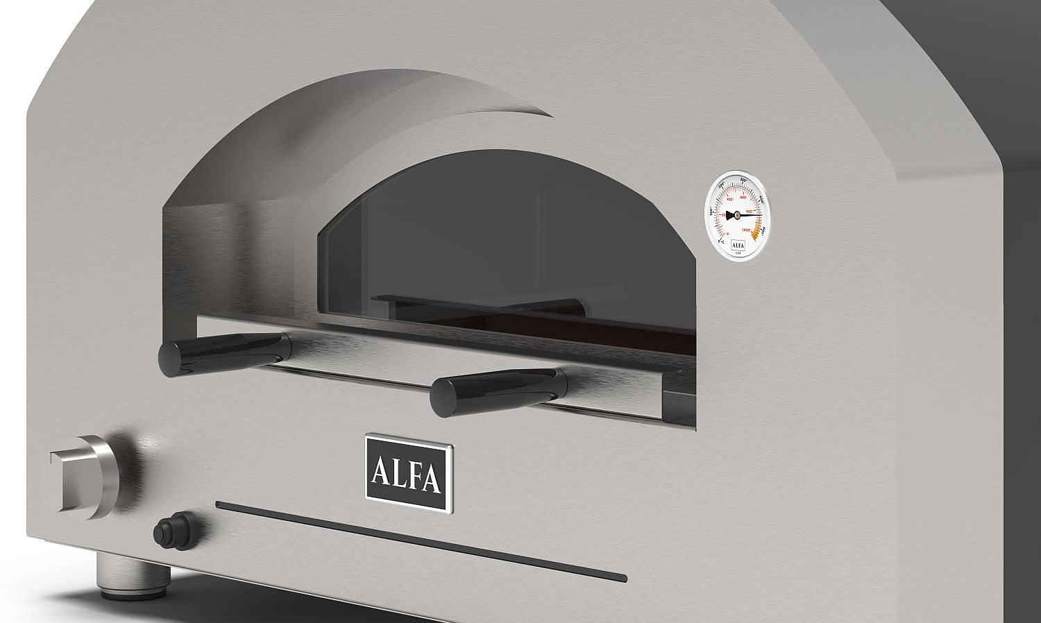 Gas-Pizzaofen ALFA FORNI FUTURO 2 Pizza, Kuppelfarbe Silver Black kombiniert mit Edelstahl-Front, ein Design-Element für jede Aussenküche